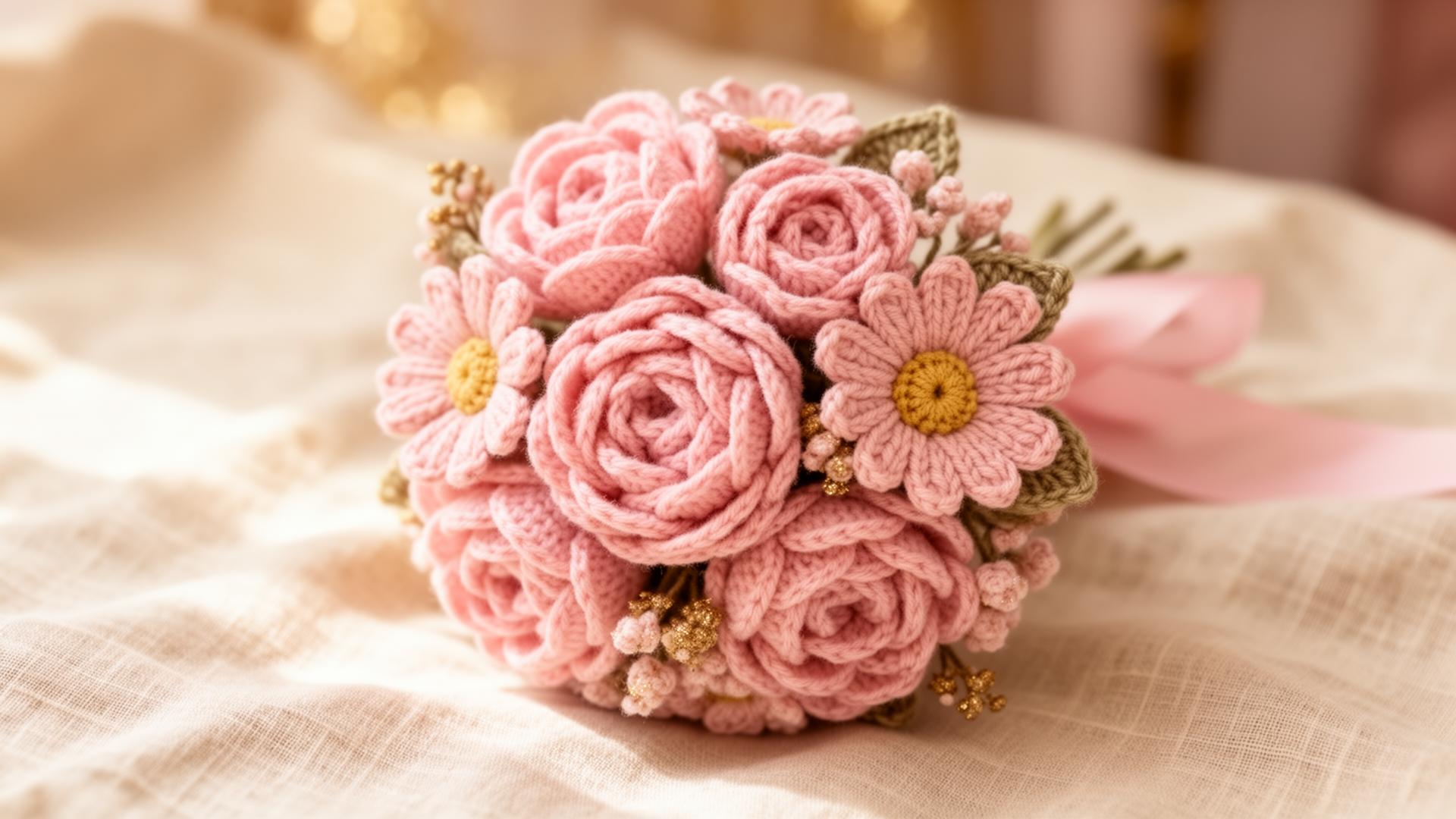 Buquê de flores de tricô artesanais em tons rosa e dourado